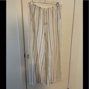 White Linen Blend Pant w/ black stripe